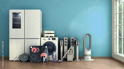 Modern home appliances in empty room commerce or online shopping concept for marketing 3d photo