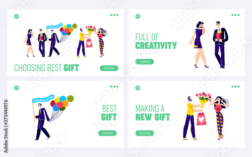Holiday gifts set of landing pages. Backgrounds with cartoon characters giving flowers and presents