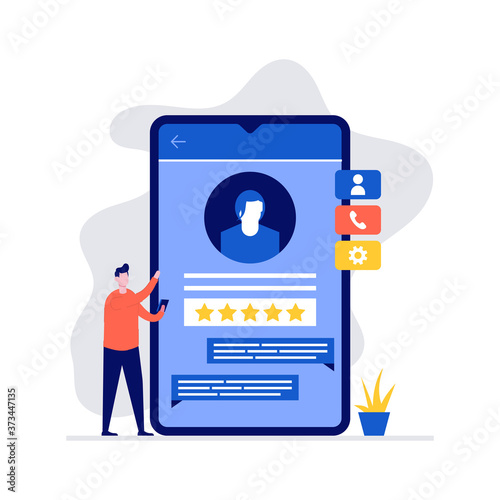Customer service feedback concept with character standing near big smartphone. Modern vector illustration in flat style for landing page, mobile app, template, web banner, infographics, hero images.