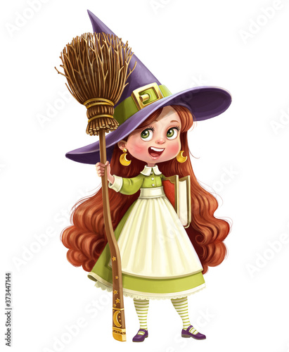 Cute cartoon little witch girl with broom and grimoire in hands isolated on a white background