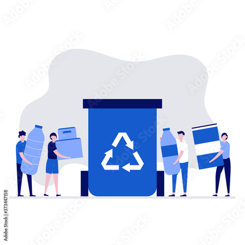 Recycling concept with characters holding different kind waste. Modern vector illustration in flat style for landing page, mobile app, poster, flyer, template, web banner, infographics, hero images.