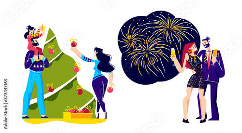Christmas and new year illustration with couple drinking champagne and family decorating xmas tree