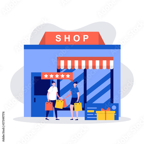 Shopping concept with young couple holding shopping bags and standing in front of a store. Modern vector illustration in flat style for landing page, mobile app, web banner, infographics, hero images.