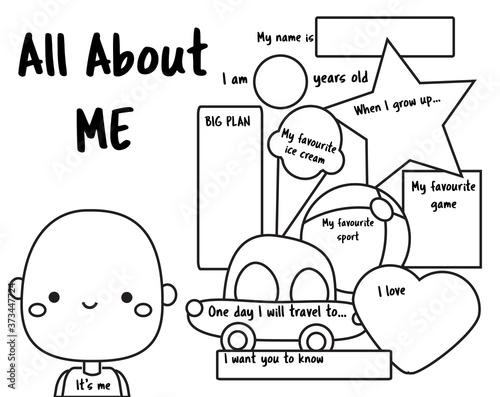 All about me. Writing prompt for kids. Educational children page. Back to school activity