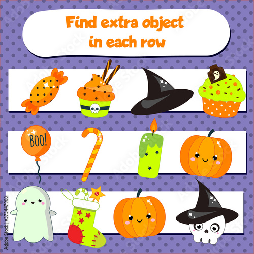Educational children game for kids and toddlers. What does not fit logic game. Find odd one, extra object. Halloween theme