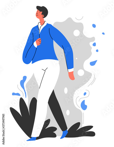 Male character walking outdoors, man strolling in park
