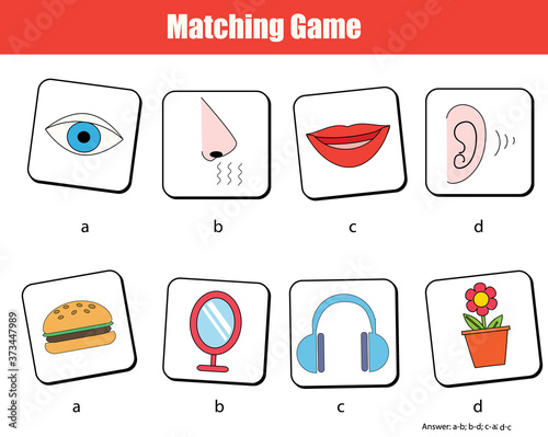 Matching children educational game. Match objects and human senses. Activity for kids and toddlers.