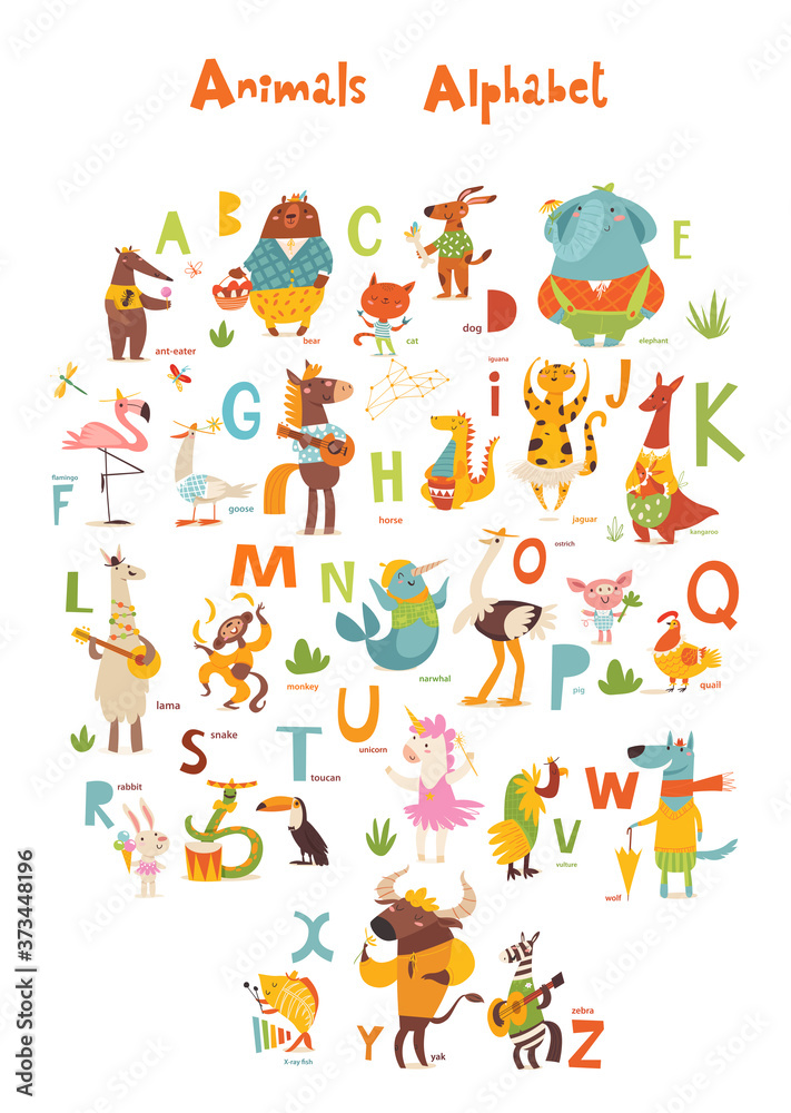 Vector animals abc with cute cartoon animals characters and letters.