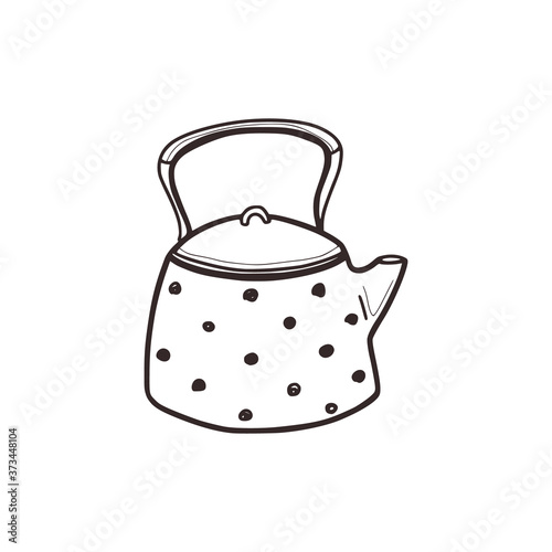 Linear sketch of a kettle in doodle style. Kitchen assistants. Cooking concept. Isolated on white background, stock vector illustration.