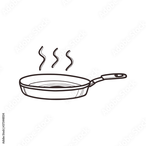Linear sketch of a kitchen frying pan in doodle style.. Cooking concept. Isolated on white background, stock vector illustration.