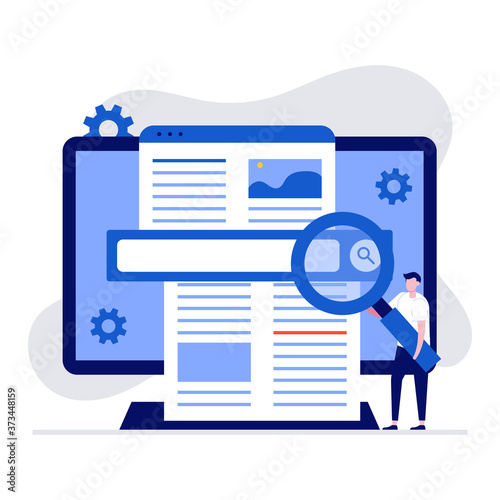 Web information search concept with character using magnifier to find information on internet. Modern vector illustration in flat style for landing page, mobile app, web banner, hero images