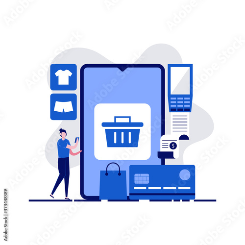 Online shopping, e-commerce, online store, distant trade concepts with character. Transfer money from credit card. Modern vector illustration in flat style for landing page, mobile app, hero images