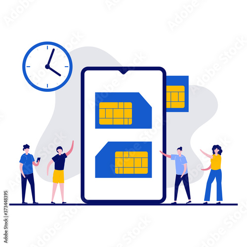 Mobile phone SIM cards concept with character. Mobile phone network, smartphone plastic card and microchip. Modern vector illustration in flat style for landing page, mobile app, hero images