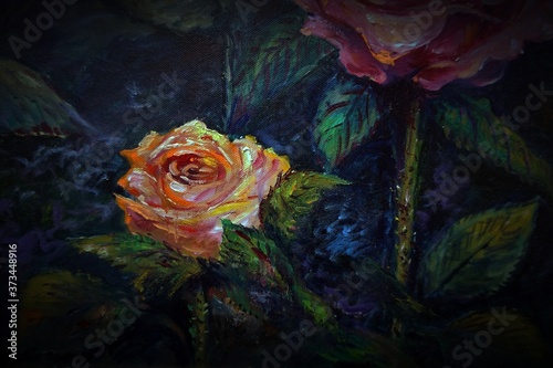 Contemporary Art oil painting rose Flowers in Garden background from thailand 