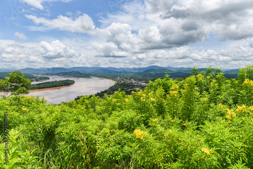 panorama of beautiful countryside of Thailand - view on mountain plant and yellow flowers with river and blue sky background