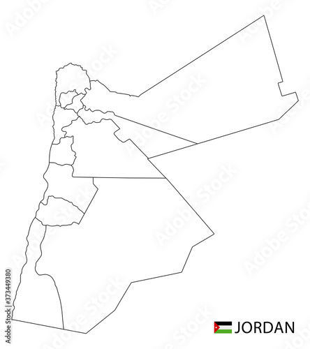 Jordan map, black and white detailed outline regions of the country.