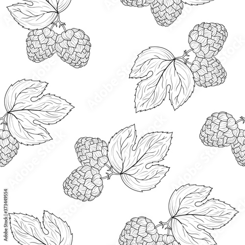Seamless pattern with hop cones with leaves on branch in engraving style. Vintage texture for pub or wallpaper. Vector isolated illustration. Menu background.