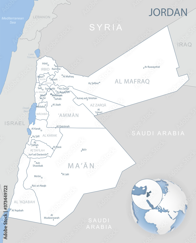 Blue-gray detailed map of Jordan administrative divisions and location on the globe.