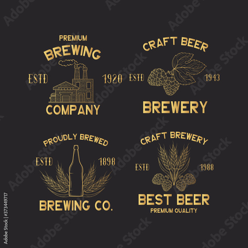 Set of golden brewery labels and signs. Emblems and badges for pub or bar menu with hop, malt, barley, beer factory. Vector illustration with gold vintage brand design.