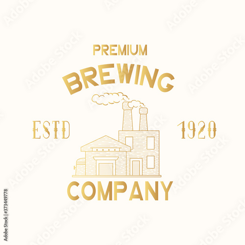 Golden brewing company label or sign. Emblem or badge for pub, bar, restaurant menu with beer factory or plant. Vector illustration with gold vintage brand design.