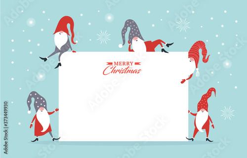  Christmas banner with place for your text in circle frame. Season sale banner. Christmas greeting card. Happy New Year. Merry Christmas. Cute Gnome in red hat. Seasons Greetings.