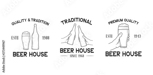 Set of beer house labels, emblems and badges for  pub, bar, restaurant menu. Vector illustration with vintage brand design.