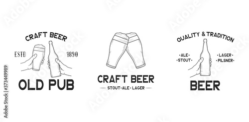Set of craft beer pub labels, emblems and badges for  bar, restaurant menu. Vector illustration with vintage brand design.
