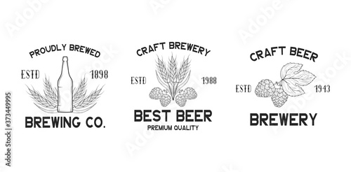 Set of brewery labels and signs. Emblems and badges for pub, bar, restaurant menu with hop, malt, barley and beer bottle. Vector illustration with vintage brand design.