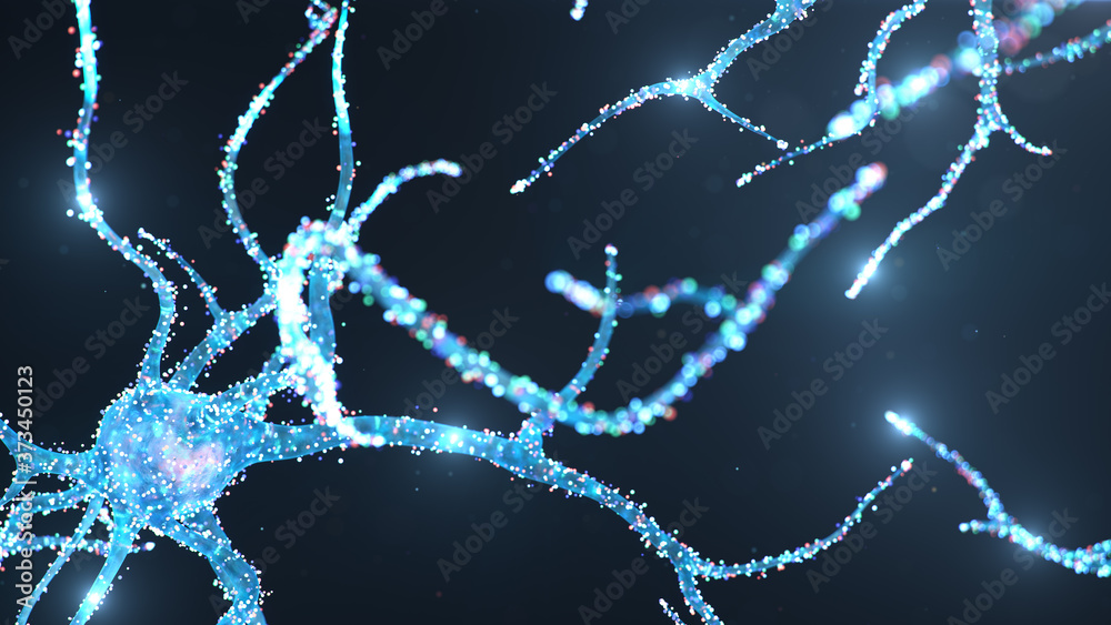 Abstract neural cells with glow dots. Brain research and science. Luminous, glowing interconnected neurons. Neurons between themselves send an electric impulse. Transmit information, 3d illustration
