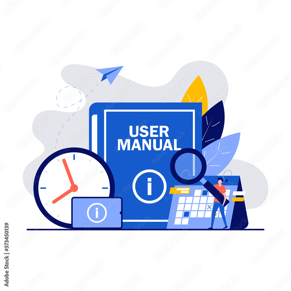 User manual concept with characters. Requirements specifications document. People reading book instructions and discussing content of the guide book. Modern vector illustration in flat style