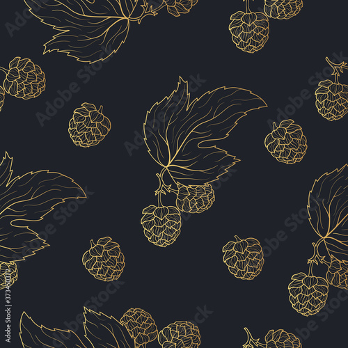 Golden seamless pattern with hop cones in engraving style. Gold vintage texture for pub or wallpaper. Vector isolated illustration. Menu background.