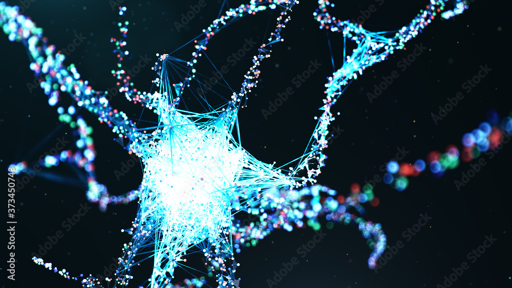 Abstract neural cells. AI neuron. Artificial neural network technology science. Synapses and neuronal cells send electrical signals. Cloud computing, transmission of information, 3d illustration