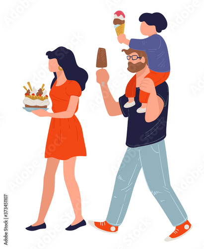 Family of mom, dad and son eating ice cream
