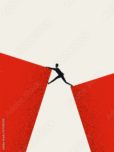 Business challenge and success vector concept with businessman climbing over gap. Symbol of ambition, motivation.