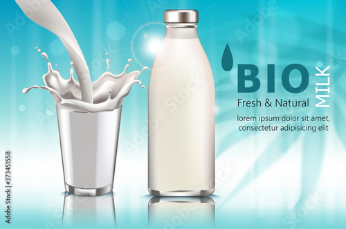 Composition of a bottle and a cup with milk. Pouring down. Splashes. Bio. Fre...