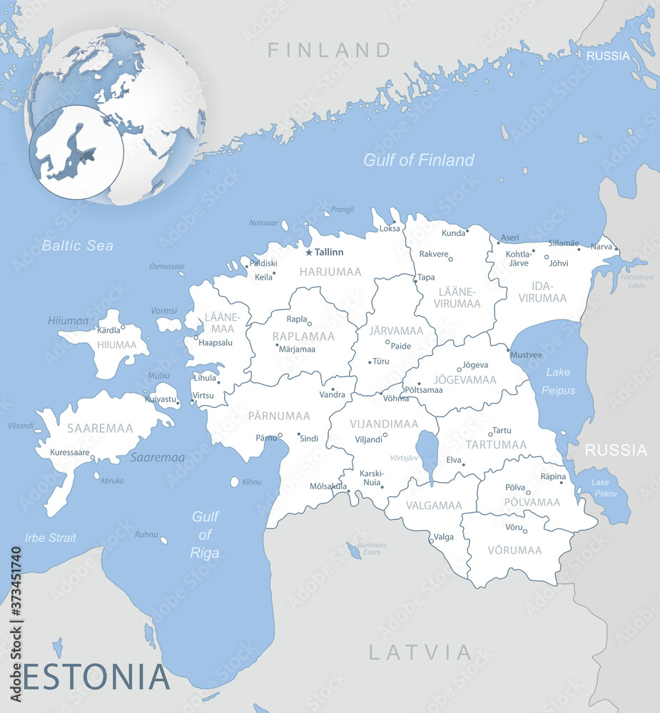 Blue-gray detailed map of Estonia administrative divisions and location on the globe. Vector illustration