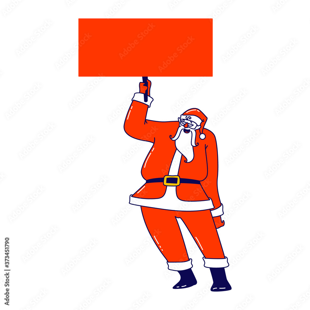 Santa Claus with Mockup. Christmas Character in Red Hat and Costume Holding Empty Banner or Advertising Mock Up Santa Claus with Mockup. Christmas Character in Red Hat and Costume Holding Empty Banner or Advertising Mock Up