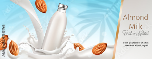 Bottle surrounded and filled with milk and almonds. Place for text, Fresh and...