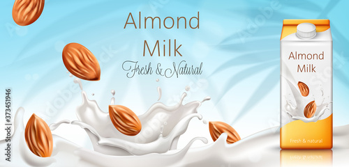 Carton box with almond milk. Nuts and milk splashes. Fresh and natural. Realistic. 3D Mockup
