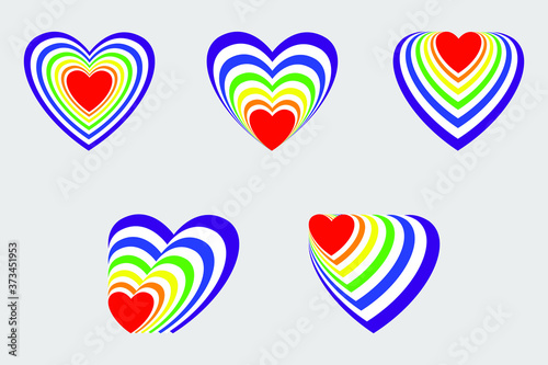 Set of Hearts from rainbow stripes. Pride LGBT. Concept love symbol. Color rainbow flag. Flat design signs isolated on light background