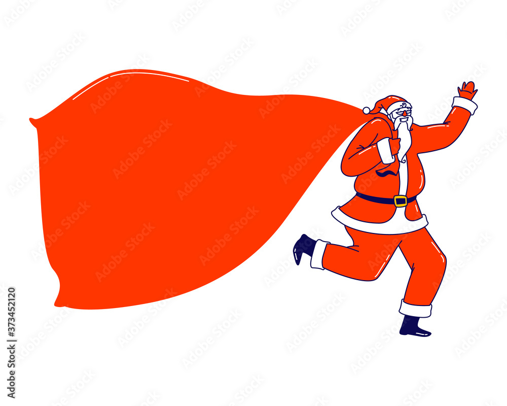 Santa Claus with Huge Bag Mockup. Christmas Character in Red Suit and Festive Costume Holding Empty Sack with Copy Space