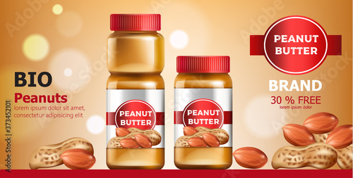 Composition of three jars with peanut butter. Place for text. Bio. On Sale. Realistic. 3D Mockup
