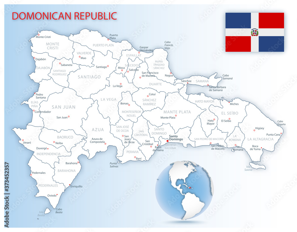 Obraz premium Detailed map of Dominican Republic administrative divisions with country flag and location on the globe. Vector illustration