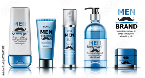 Composition of shower gel, body lotion, skin care oil, wash soap and moisturizing lotion for men. Place for text. Fresh effect. Moustache decoration. Realistic. 3D Mockup