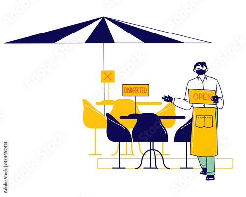 Waiter or Promoter Character Wearing Protective Equipment for Covid Contagious Pandemic Protection Inviting Customers