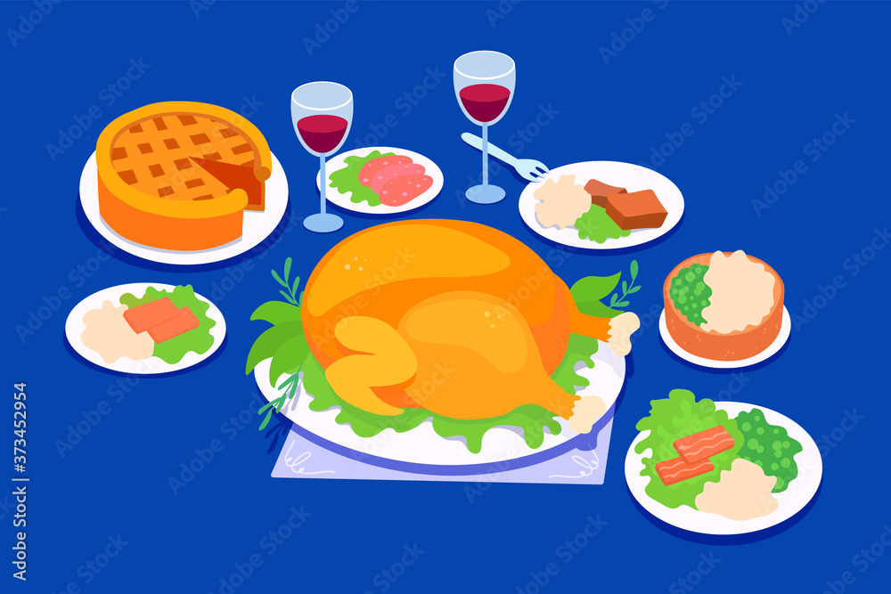 Traditional thanksgiving holidays dinner food. Celebration meals on a Thanksgiving day. Festive banquet dishes. Vector cartoon illustrations set.