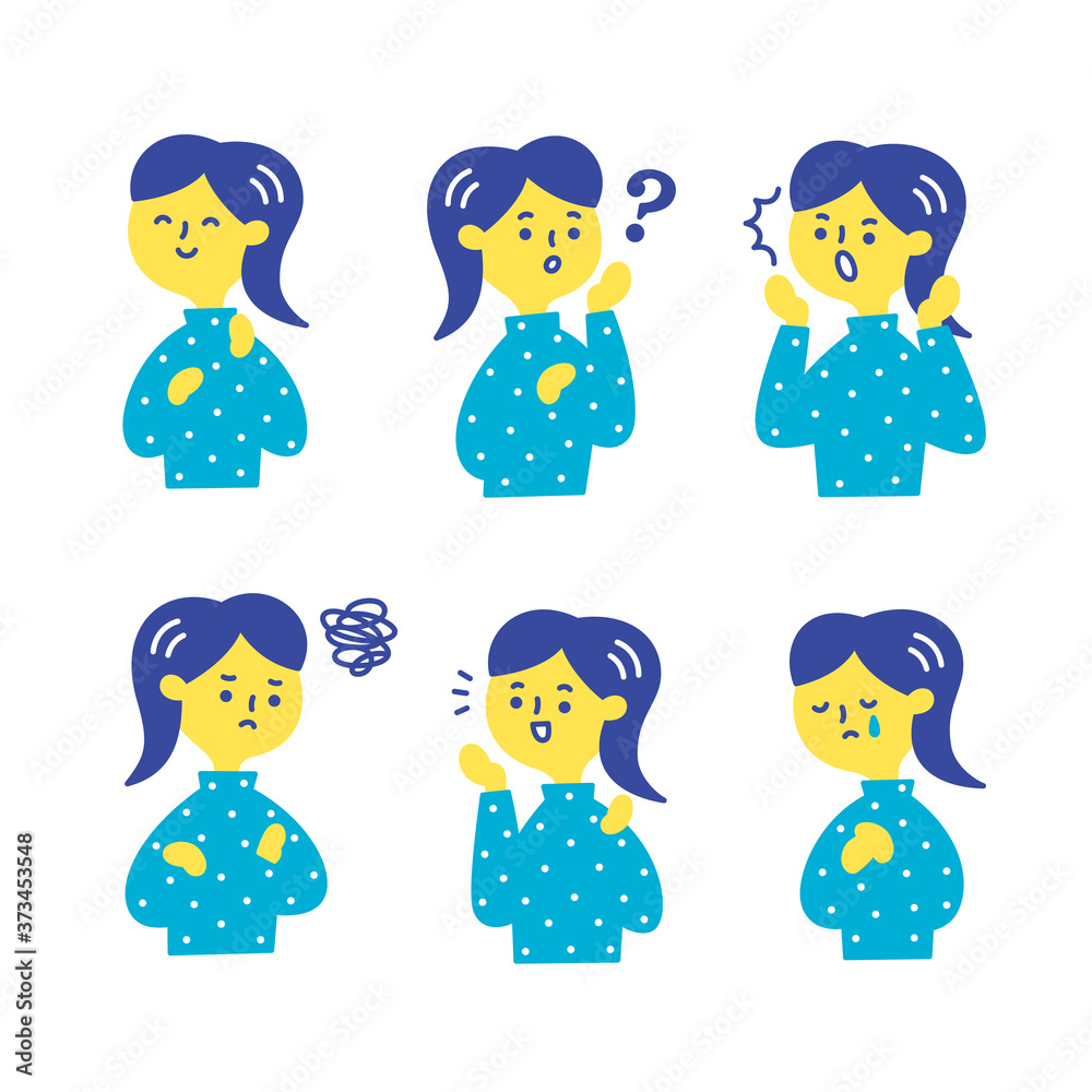 若い女性が笑う怒る泣く表情感情ポーズセット 若い女性が笑う怒る泣く表情感情ポーズセット