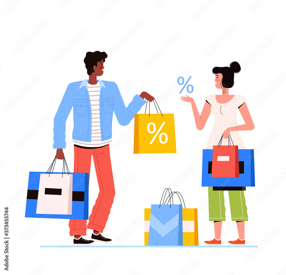 Man and woman on shopping holding bags and enjoy discounts. People make purchases