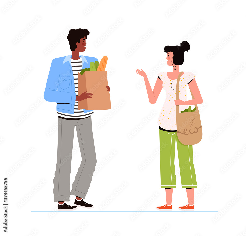 A man with a package of products and a woman with an eco bag are talking. The concept of avoiding plastic bags. A short friendly conversation.
