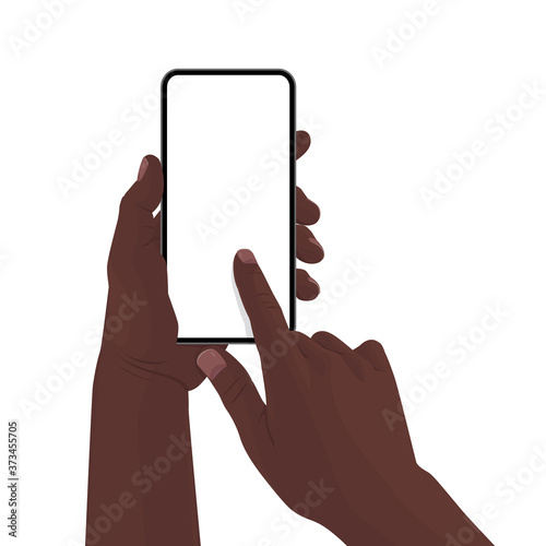 Hands holding the black smartphone with blank screen and modern frameless design. Template vector illustration on isolated background. 
